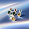 Golden flower-shaped earrings set with blue and yellow bicolor gemstones Specification image